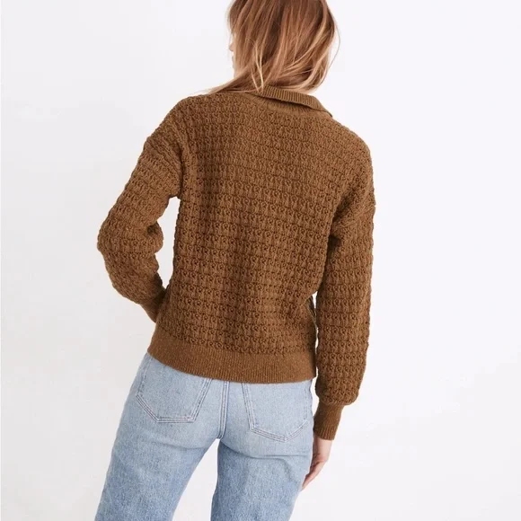 Madewell Sunbury Open-Stitch Polo Sweater in Golden Spinach, size M - Picture 3 of 7